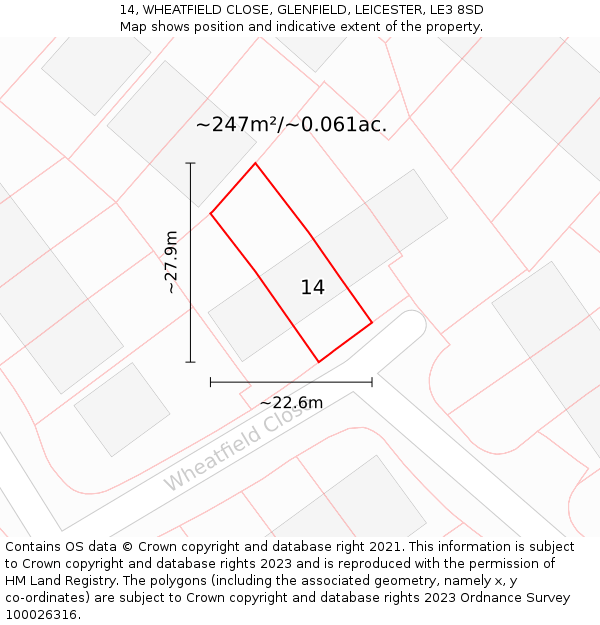 14, WHEATFIELD CLOSE, GLENFIELD, LEICESTER, LE3 8SD: Plot and title map