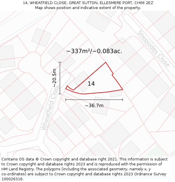 14, WHEATFIELD CLOSE, GREAT SUTTON, ELLESMERE PORT, CH66 2EZ: Plot and title map
