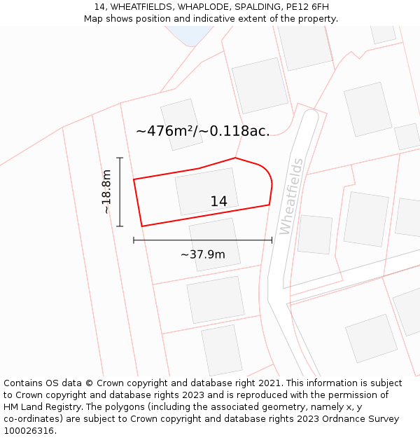 14, WHEATFIELDS, WHAPLODE, SPALDING, PE12 6FH: Plot and title map