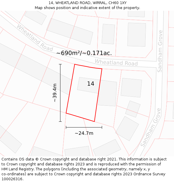 14, WHEATLAND ROAD, WIRRAL, CH60 1XY: Plot and title map