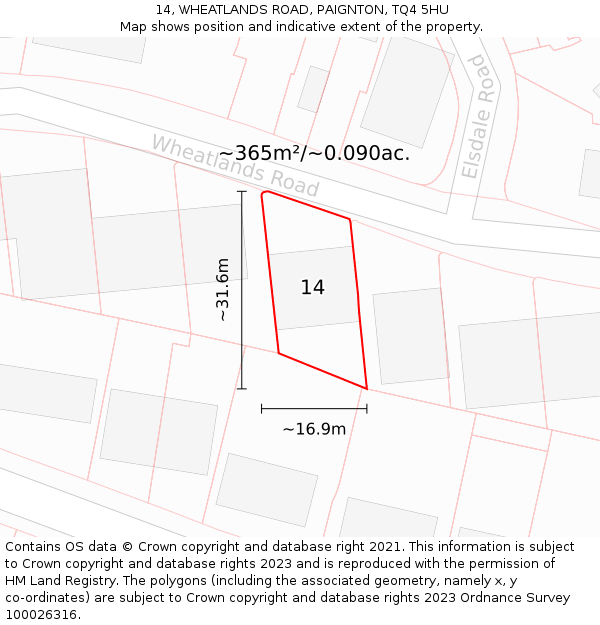 14, WHEATLANDS ROAD, PAIGNTON, TQ4 5HU: Plot and title map