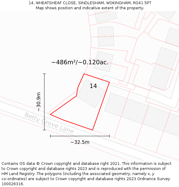 14, WHEATSHEAF CLOSE, SINDLESHAM, WOKINGHAM, RG41 5PT: Plot and title map