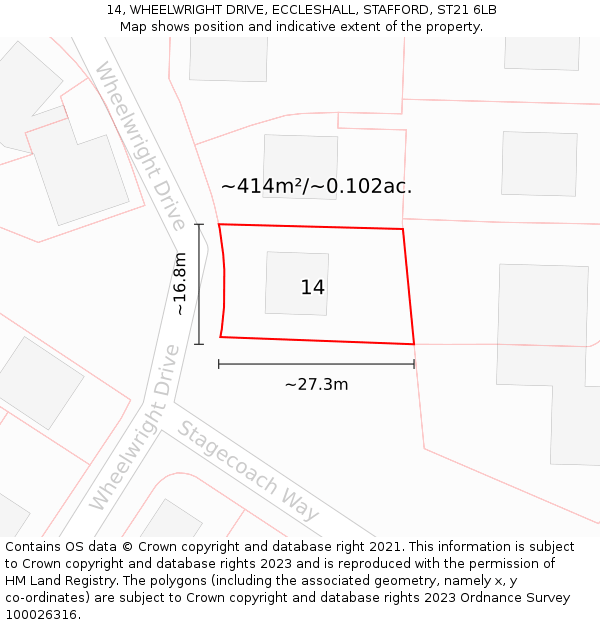 14, WHEELWRIGHT DRIVE, ECCLESHALL, STAFFORD, ST21 6LB: Plot and title map