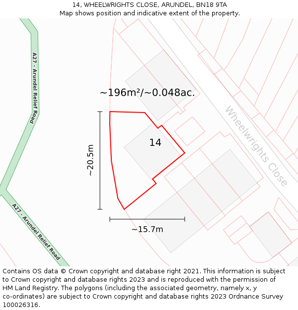 14, WHEELWRIGHTS CLOSE, ARUNDEL, BN18 9TA: Plot and title map