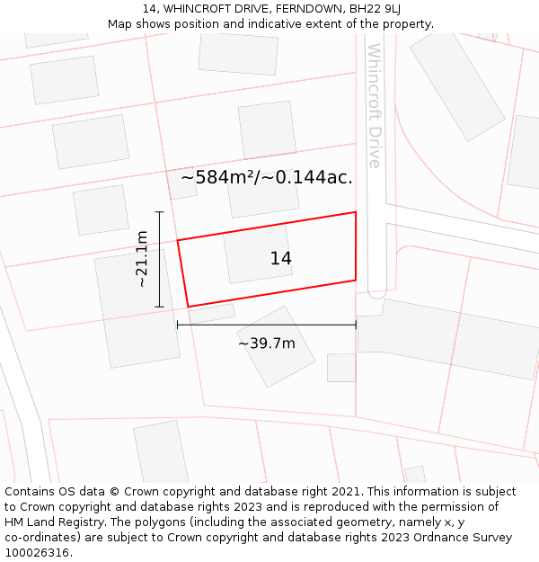 14, WHINCROFT DRIVE, FERNDOWN, BH22 9LJ: Plot and title map