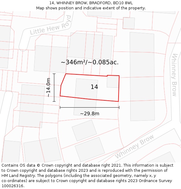 14, WHINNEY BROW, BRADFORD, BD10 8WL: Plot and title map