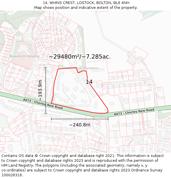 14, WHINS CREST, LOSTOCK, BOLTON, BL6 4NH: Plot and title map
