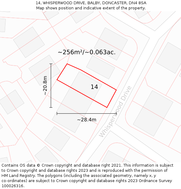 14, WHISPERWOOD DRIVE, BALBY, DONCASTER, DN4 8SA: Plot and title map