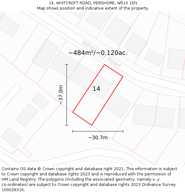 14, WHITCROFT ROAD, PERSHORE, WR10 1EN: Plot and title map