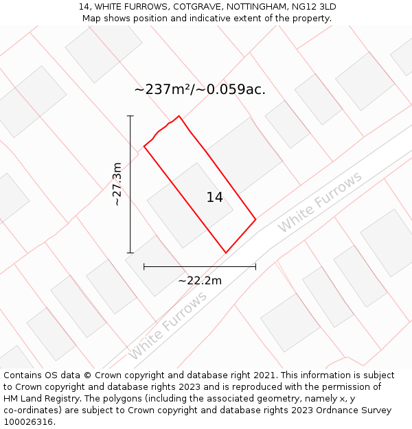 14, WHITE FURROWS, COTGRAVE, NOTTINGHAM, NG12 3LD: Plot and title map