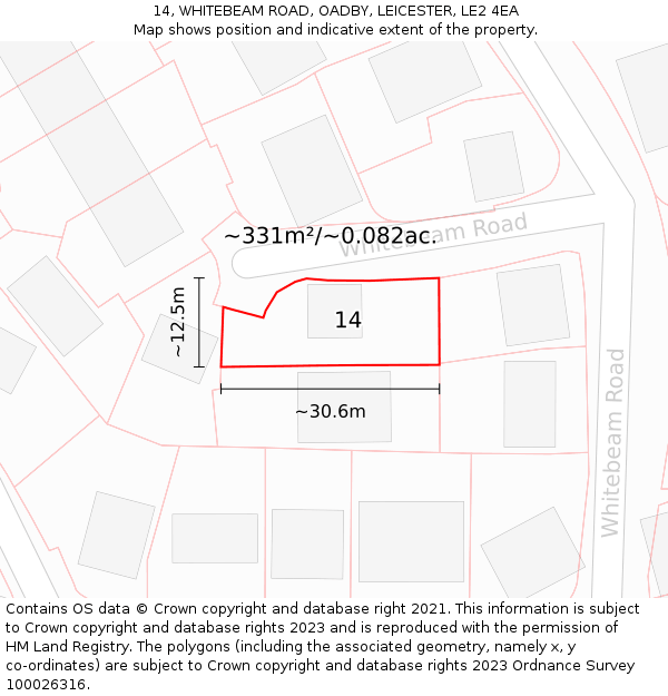 14, WHITEBEAM ROAD, OADBY, LEICESTER, LE2 4EA: Plot and title map