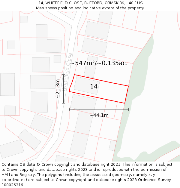 14, WHITEFIELD CLOSE, RUFFORD, ORMSKIRK, L40 1US: Plot and title map