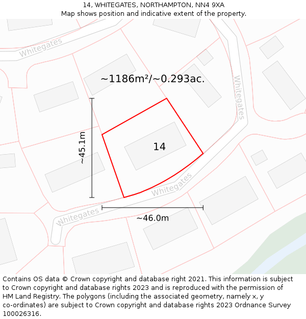 14, WHITEGATES, NORTHAMPTON, NN4 9XA: Plot and title map