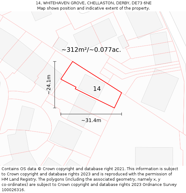 14, WHITEHAVEN GROVE, CHELLASTON, DERBY, DE73 6NE: Plot and title map