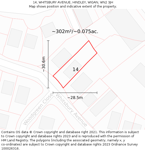 14, WHITSBURY AVENUE, HINDLEY, WIGAN, WN2 3JH: Plot and title map