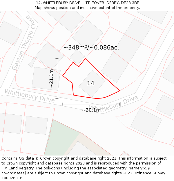 14, WHITTLEBURY DRIVE, LITTLEOVER, DERBY, DE23 3BF: Plot and title map