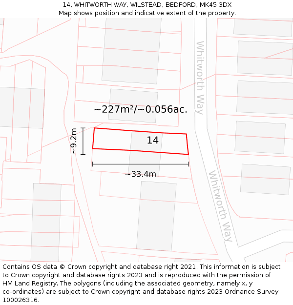 14, WHITWORTH WAY, WILSTEAD, BEDFORD, MK45 3DX: Plot and title map