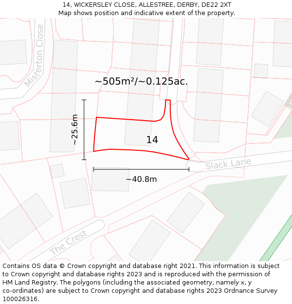 14, WICKERSLEY CLOSE, ALLESTREE, DERBY, DE22 2XT: Plot and title map