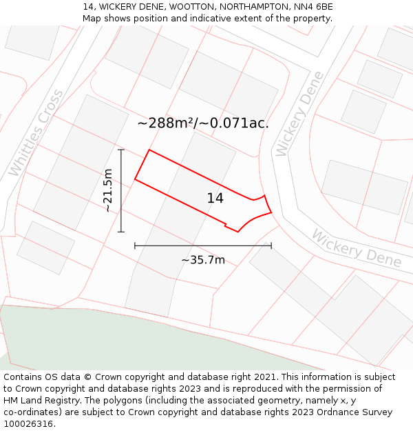 14, WICKERY DENE, WOOTTON, NORTHAMPTON, NN4 6BE: Plot and title map