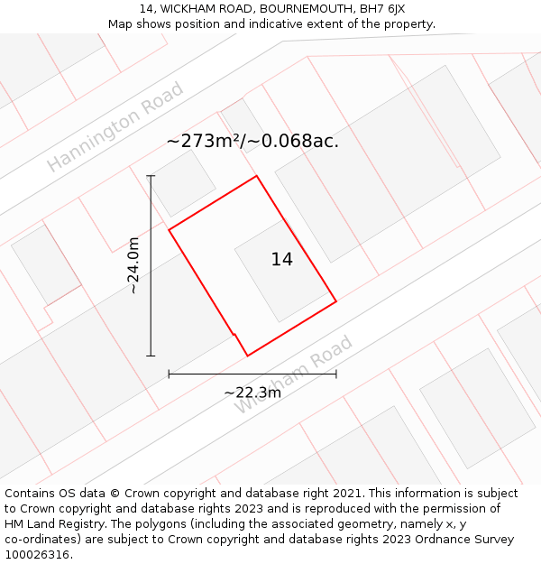 14, WICKHAM ROAD, BOURNEMOUTH, BH7 6JX: Plot and title map