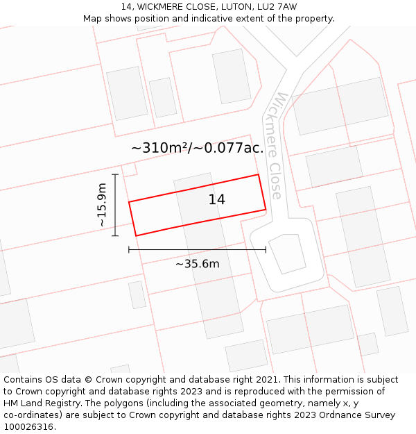 14, WICKMERE CLOSE, LUTON, LU2 7AW: Plot and title map