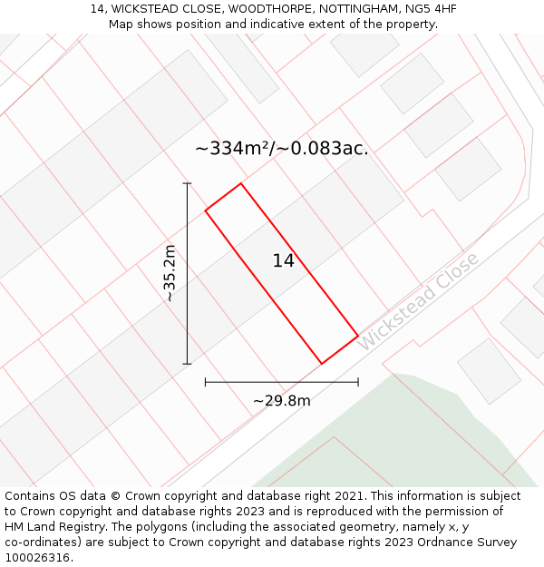 14, WICKSTEAD CLOSE, WOODTHORPE, NOTTINGHAM, NG5 4HF: Plot and title map