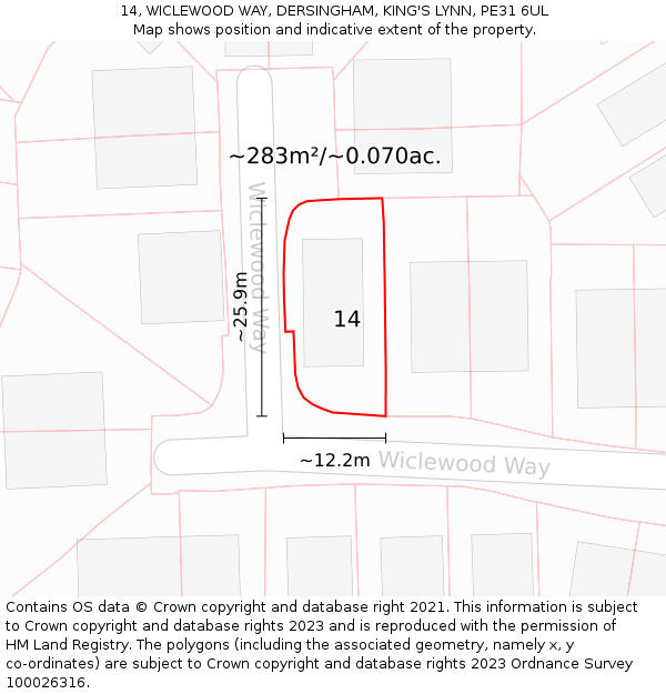 14, WICLEWOOD WAY, DERSINGHAM, KING'S LYNN, PE31 6UL: Plot and title map