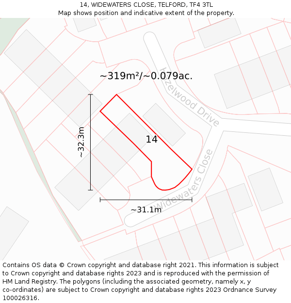 14, WIDEWATERS CLOSE, TELFORD, TF4 3TL: Plot and title map