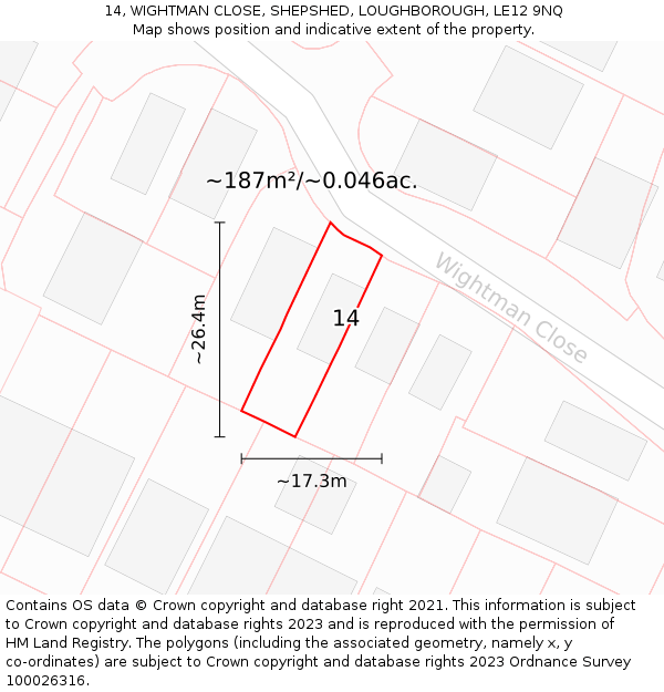 14, WIGHTMAN CLOSE, SHEPSHED, LOUGHBOROUGH, LE12 9NQ: Plot and title map