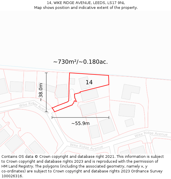 14, WIKE RIDGE AVENUE, LEEDS, LS17 9NL: Plot and title map