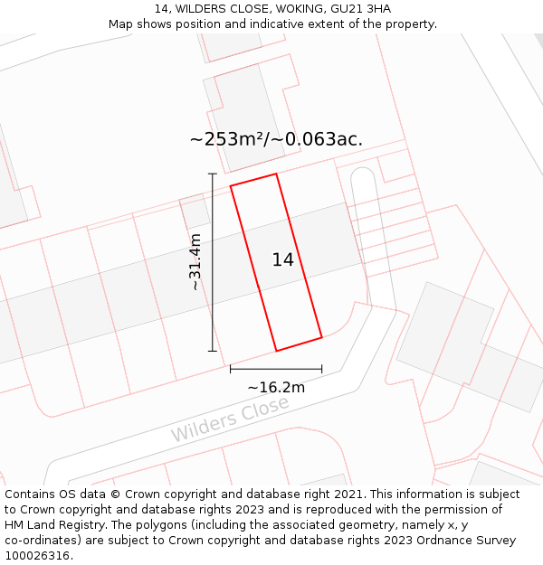 14, WILDERS CLOSE, WOKING, GU21 3HA: Plot and title map
