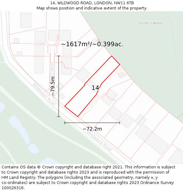 14, WILDWOOD ROAD, LONDON, NW11 6TB: Plot and title map