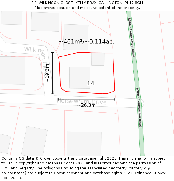 14, WILKINSON CLOSE, KELLY BRAY, CALLINGTON, PL17 8GH: Plot and title map