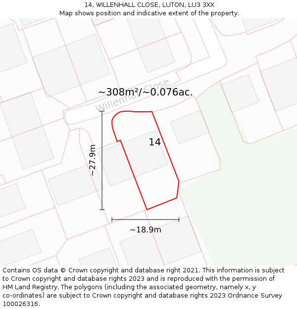 14, WILLENHALL CLOSE, LUTON, LU3 3XX: Plot and title map