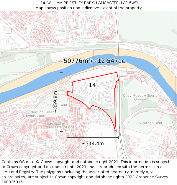 14, WILLIAM PRIESTLEY PARK, LANCASTER, LA1 5WD: Plot and title map