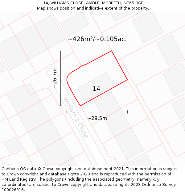 14, WILLIAMS CLOSE, AMBLE, MORPETH, NE65 0GF: Plot and title map