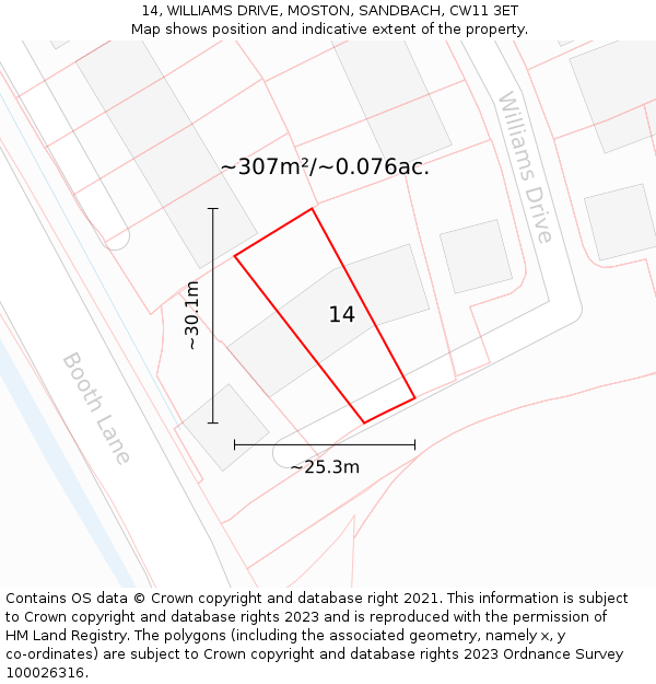 14, WILLIAMS DRIVE, MOSTON, SANDBACH, CW11 3ET: Plot and title map