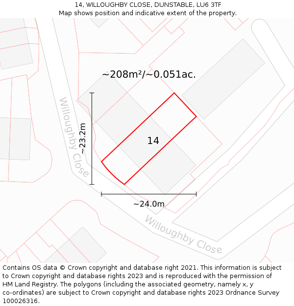 14, WILLOUGHBY CLOSE, DUNSTABLE, LU6 3TF: Plot and title map