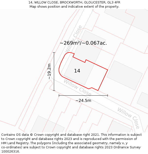 14, WILLOW CLOSE, BROCKWORTH, GLOUCESTER, GL3 4FR: Plot and title map
