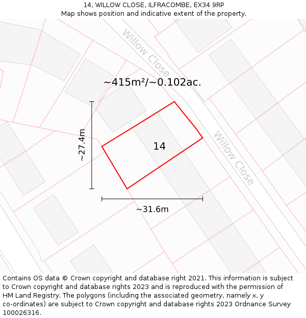14, WILLOW CLOSE, ILFRACOMBE, EX34 9RP: Plot and title map
