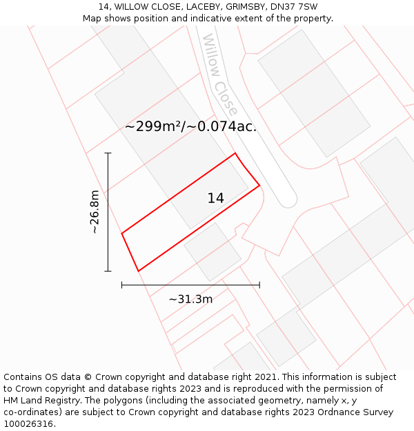 14, WILLOW CLOSE, LACEBY, GRIMSBY, DN37 7SW: Plot and title map