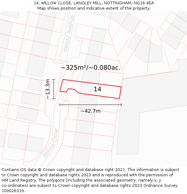 14, WILLOW CLOSE, LANGLEY MILL, NOTTINGHAM, NG16 4EA: Plot and title map