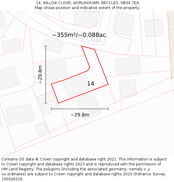 14, WILLOW CLOSE, WORLINGHAM, BECCLES, NR34 7EA: Plot and title map