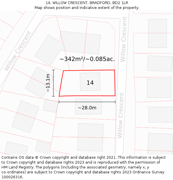 14, WILLOW CRESCENT, BRADFORD, BD2 1LR: Plot and title map