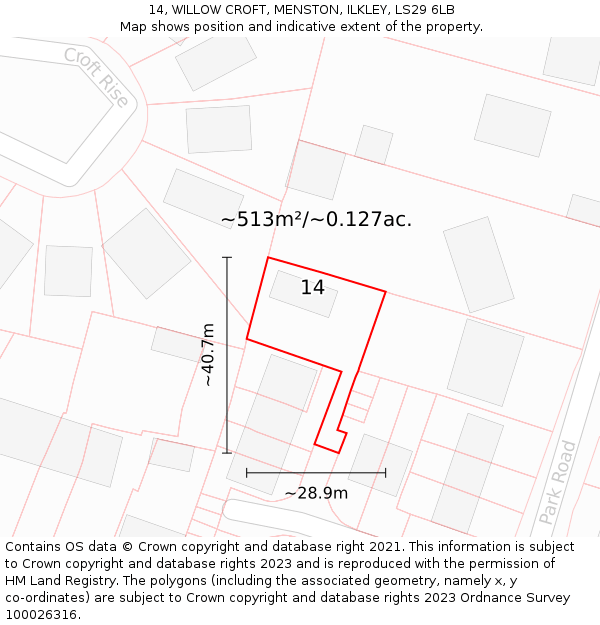 14, WILLOW CROFT, MENSTON, ILKLEY, LS29 6LB: Plot and title map