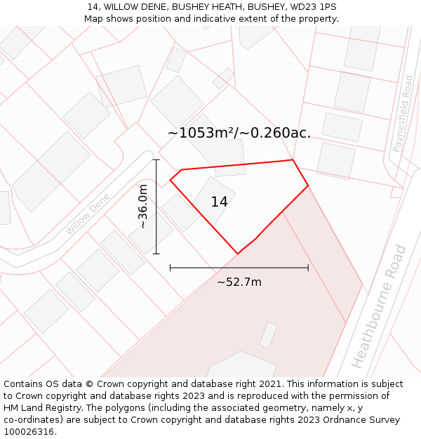 14, WILLOW DENE, BUSHEY HEATH, BUSHEY, WD23 1PS: Plot and title map