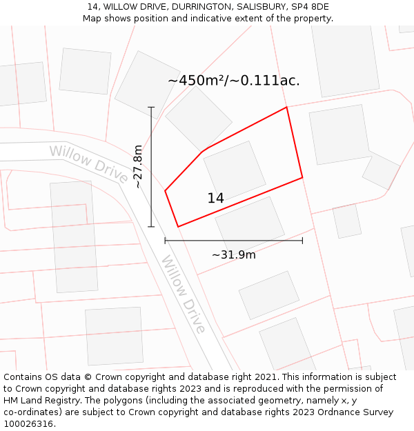 14, WILLOW DRIVE, DURRINGTON, SALISBURY, SP4 8DE: Plot and title map