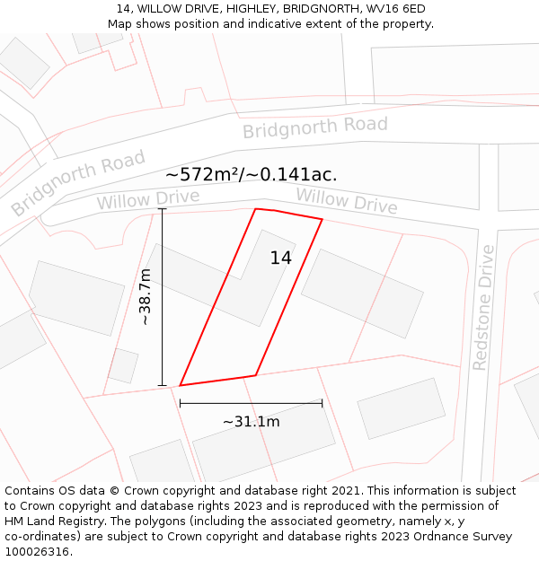 14, WILLOW DRIVE, HIGHLEY, BRIDGNORTH, WV16 6ED: Plot and title map