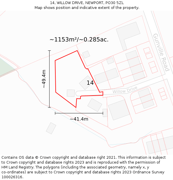 14, WILLOW DRIVE, NEWPORT, PO30 5ZL: Plot and title map