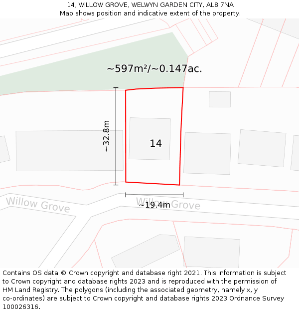 14, WILLOW GROVE, WELWYN GARDEN CITY, AL8 7NA: Plot and title map